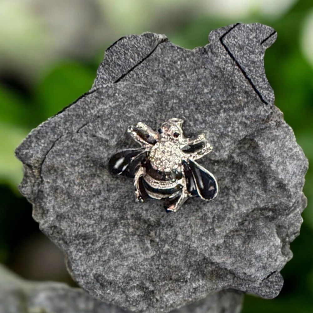 Elegant Silver Tone and Black Bee Brooch